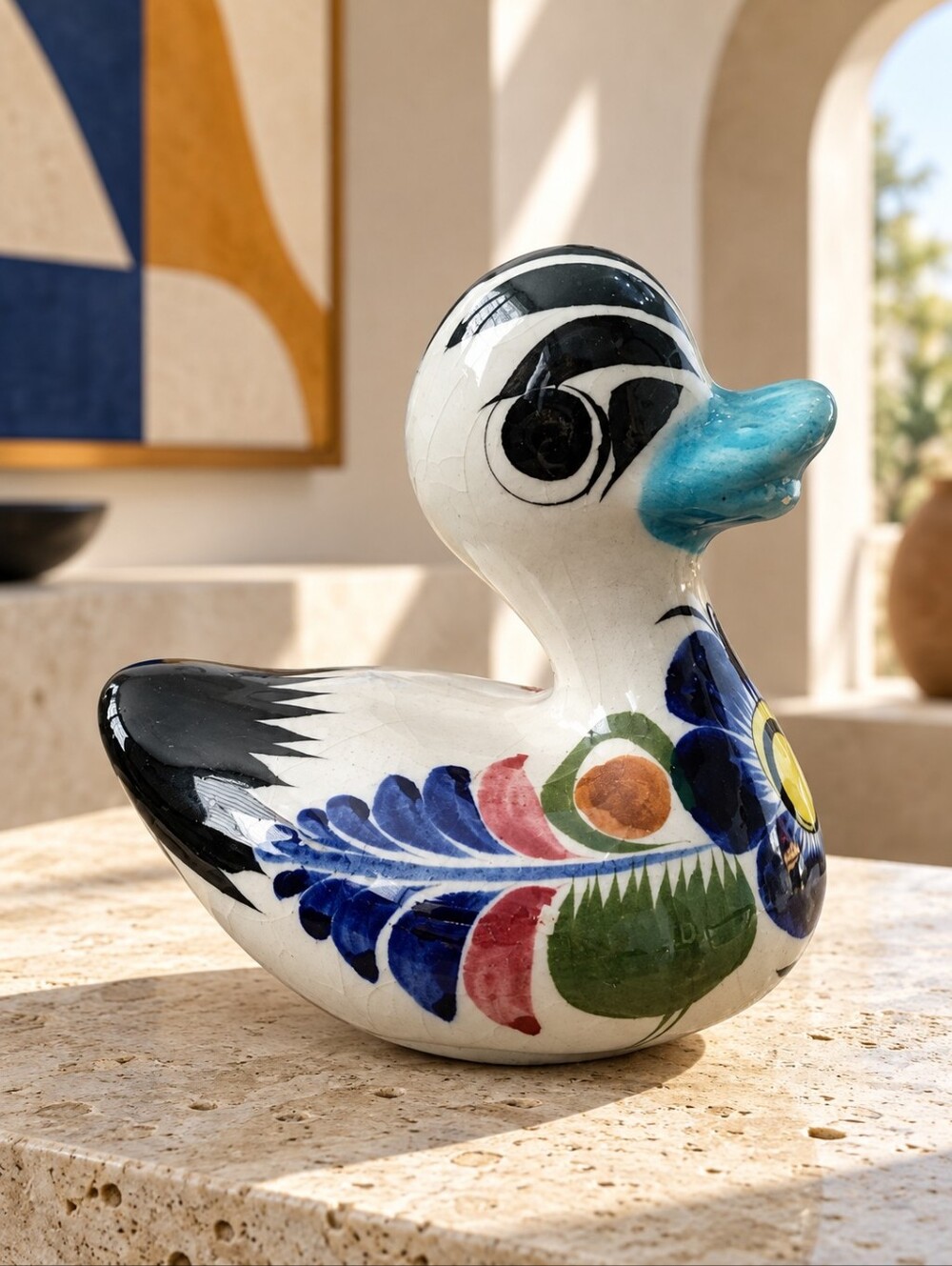 Vintage Mexican Folk Art Pottery Duck Tonala Style Hand Painted Ceramic